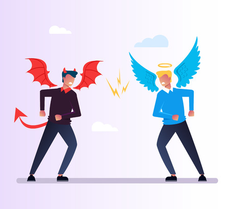 Angel and Devil character quarrels debate. God and evil conflict opposition concept. Religion vector flat cartoon graphic design isolated illustrationのイラスト素材