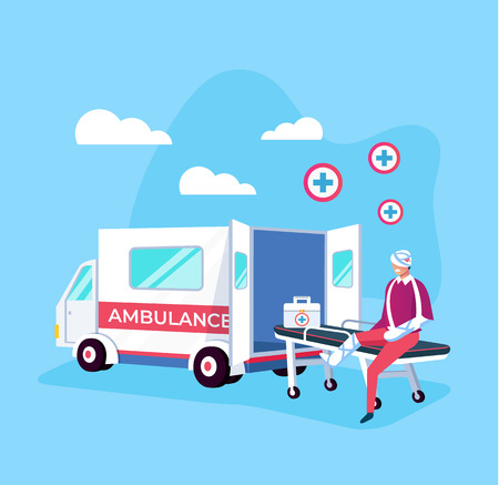 Man sitting near the floor with car Aid medicine rescue disaster concept. Vector flat cartoon graphic design isolated illustrationのイラスト素材