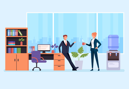 Two office workers drinking coffee and talking. Office life situation. Vector flat graphic design cartoon isolated illustrationのイラスト素材
