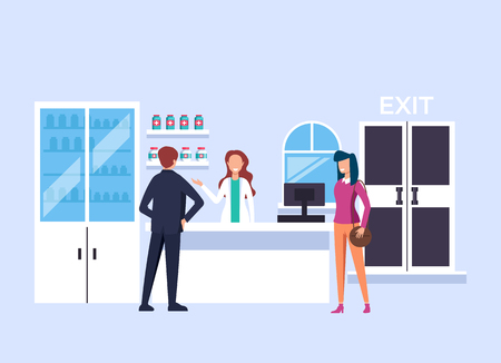 Pharmacist woman character selling drugs and pills to people consumers. Health care shop concept. Vector design graphic flat cartoon isolated illustrationのイラスト素材
