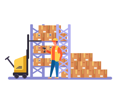 Warehouse worker character scanning barcode carton boxes. Vector design graphic flat cartoon isolated illustrationのイラスト素材