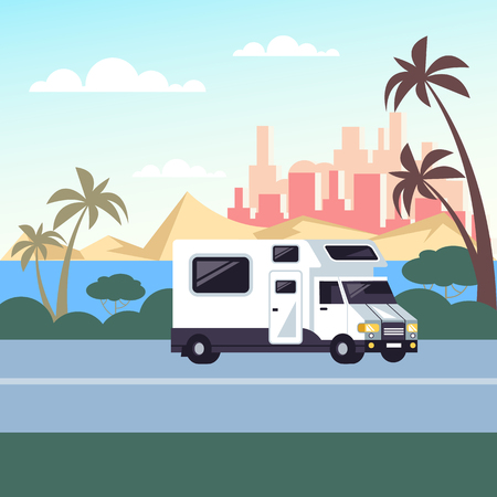 Trailer car riding on road. Family trip camping. Vector design graphic flat cartoon isolated illustrationのイラスト素材
