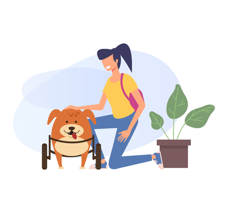 Disabled adopted happy dog character with hid new owner. Veterinary and adoption concept. Vector flat cartoon graphic design illustrationのイラスト素材