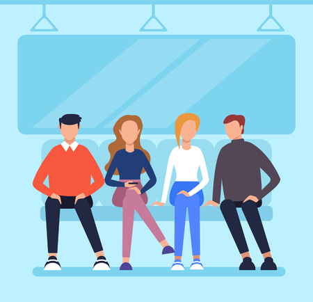 People passengers sitting in wagon metro and using phone. City urban transportation concept. Vector flat cartoon graphic design illustrationのイラスト素材