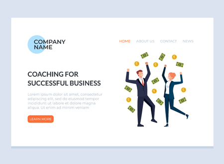 Happy smiling business people under money rain. Success business coaching training web banner page concept. Vector flat graphic design illustrationのイラスト素材