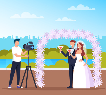Professional photograph man character in public park nature. Vector flat cartoon graphic design illustrationのイラスト素材