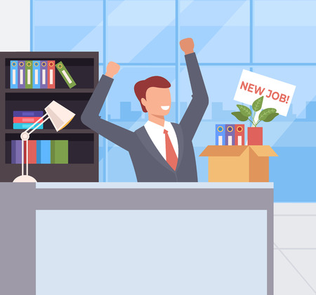 Happy smiling office worker get job job. Recruitment head hunting concept. Vector flat cartoon graphic design illustrationのイラスト素材