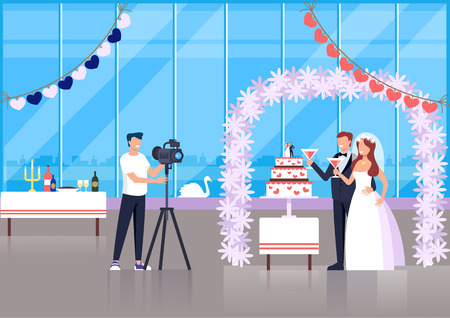 Professional photograph man character taking photo of wedding couple bride and groom. Vector flat cartoon graphic design illustrationのイラスト素材