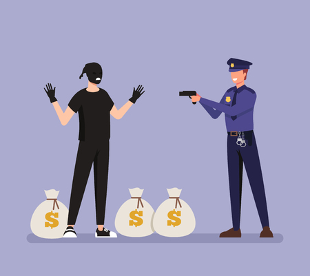 Policeman character caught criminal money bags. Crime scene concept. Vector flat graphic design cartoon illustration