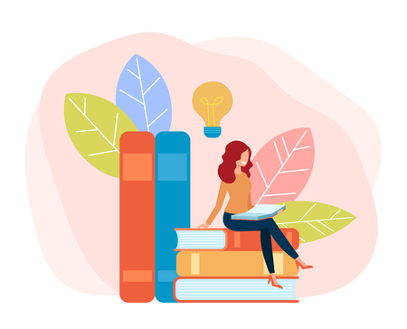 Woman student business office worker reading books. Education concept. Vector flat cartoon graphic design illustrationのイラスト素材