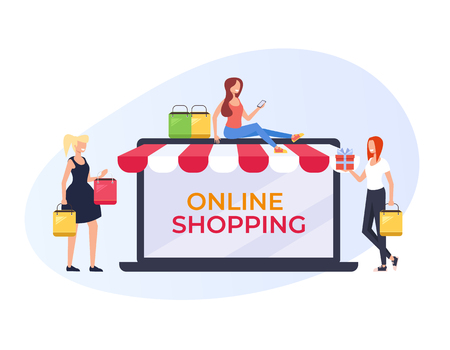 Woman with shopping bags. Online business shopping concept. Vector flat graphic design cartoon illustrationのイラスト素材
