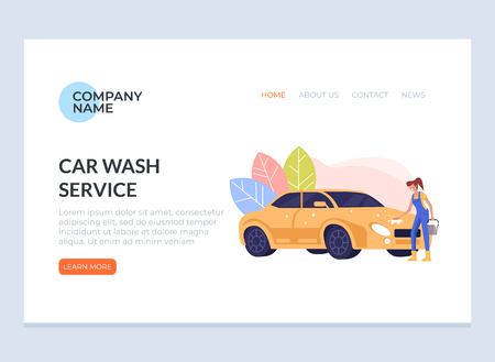 Happy Smiling Woman Washing Car Carwash Banner Poster Concept