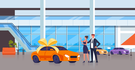 Man character gift new car to his wife. Vector flat cartoon graphic design isolated illustrationのイラスト素材
