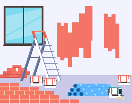 Walls painting home house repair concept. Vector flat cartoon graphic design isolated illustrationのイラスト素材