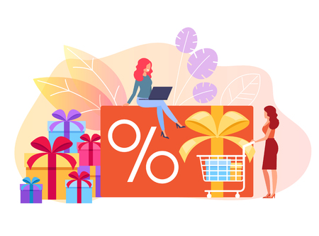 Woman consumers characters making purchases by online shop store. Special offer discount concept. Vector flat cartoon graphic design isolated illustrationのイラスト素材