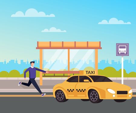 Man passenger character running to taxi car cab. Transportation concept. Vector flat cartoon graphic design isolated illustrationのイラスト素材