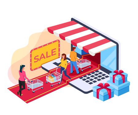 Woman consumer character holing shopping bags. Online internet shopping trading isometry concept. Vector flat cartoon graphic design illustrationのイラスト素材