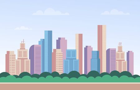 City town buildings skyscraper web banner poster concept. Vector flat cartoon graphic design illustrationのイラスト素材