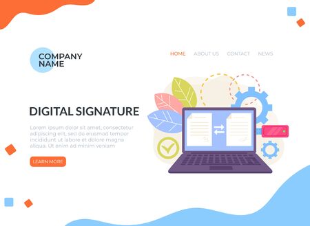 Digital signature electronic document management web banner loading page concept. Vector flat graphic design isolated illustration iconのイラスト素材