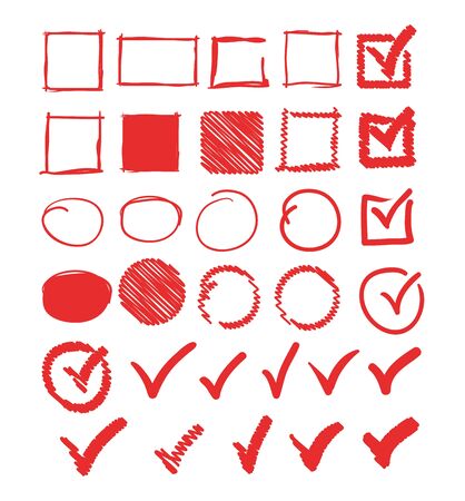 Doodle check marks circle square frame set collection. Vector flat graphic design illustrationのイラスト素材