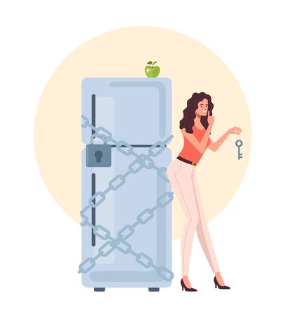 Slim woman on diet locked refrigerator. Healthy eating concept. Vector flat cartoon graphic design illustrationのイラスト素材