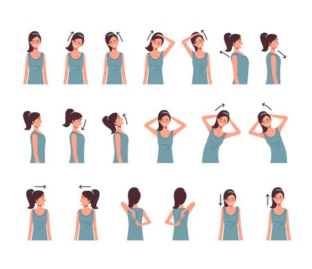 Neck shoulder spine exercise isolated set. Vector flat cartoon graphic design illustrationのイラスト素材