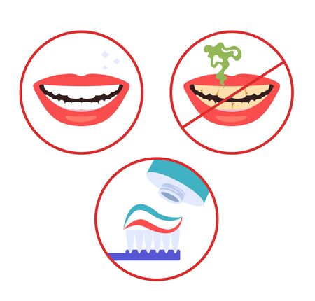 Clean and dirty teeth smile mouth. Dental hygiene concept. Vector flat cartoon graphic design illustrationのイラスト素材