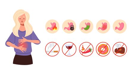 Gastritis symptoms concept. Vector flat cartoon graphic design illustrationのイラスト素材