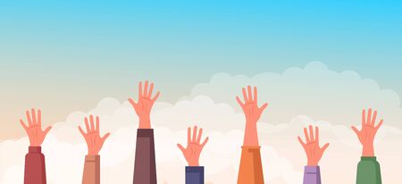 Human people hands in the air concept. Vector flat cartoon graphic design illustrationのイラスト素材