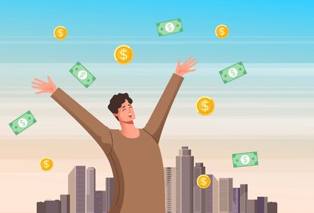 Man winner standing under money rain. Vector flat cartoon graphic design illustrationのイラスト素材