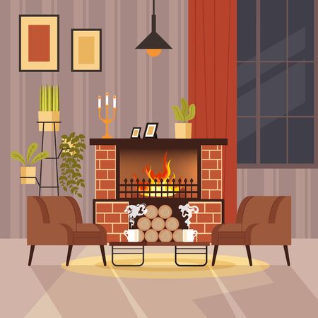 Home interior with fireplace concept. Vector flat cartoon graphic design illustrationのイラスト素材