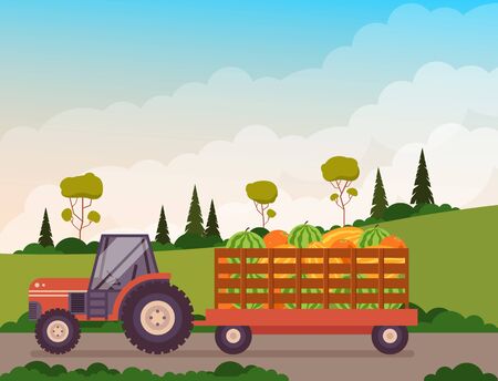 Farm tractor full of fruit. Vector flat cartoon graphic design illustrationのイラスト素材