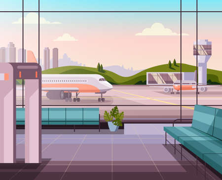 Airport empty waiting room hall concept. Flat graphic design cartoon illustrationのイラスト素材