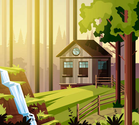 House in green forest farm landscape concept. Vector flat graphic design cartoon illustrationのイラスト素材