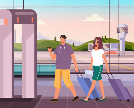 People man woman tourists characters check in airport terminal. Vector flat graphic design illustrationのイラスト素材