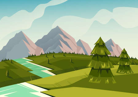 Landscape river nature meadows fir concept. Vector flat graphic design illustrationのイラスト素材
