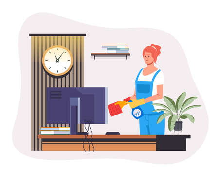Woman cleaning worker character dust off. Cleaning service concept. Vector flat graphic design illustrationのイラスト素材