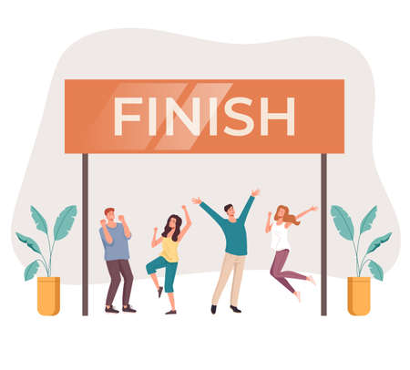 People friends characters man woman happy celebration crossing finish line. Vector flat graphic design illustrationのイラスト素材
