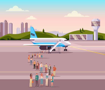 People travelers tourists waiting in line and boarding airplane. Transportation travel concept. Vector flat graphic design illustrationのイラスト素材