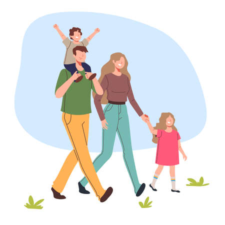 Happy family characters walking together concept. Vector flat graphic design illustrationのイラスト素材