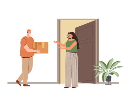 Delivery man courier character bring order box to woman consumer. Vector flat graphic design illustrationのイラスト素材