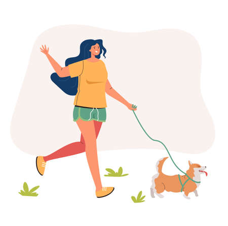 Woman character walking with dog concept. Vector flat graphic design illustrationのイラスト素材