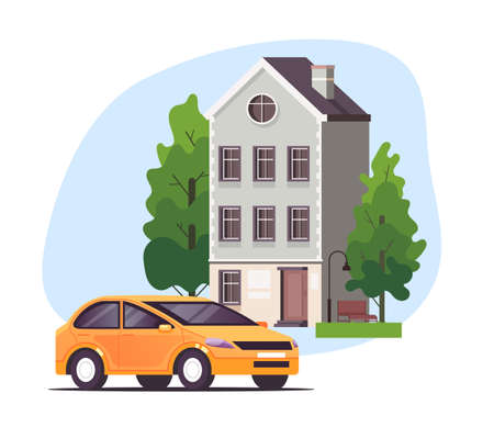 Taxi car waiting by house door. Car taxi service concept. Vector flat graphic design illustrationのイラスト素材