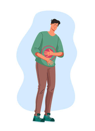 Man character holding belly with hand and feeling stomachache concept. Vector flat graphic design illustrationのイラスト素材