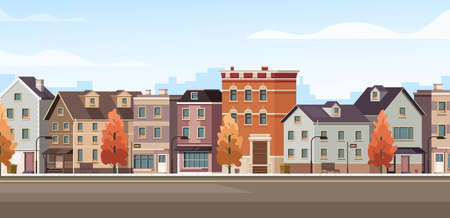 City facade buildings town street panorama concept. Vector flat graphic design cartoon illustrationのイラスト素材