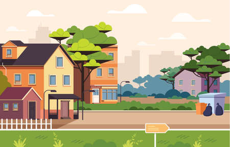 Small village town city street concept. Vector flat cartoon graphic design illustrationのイラスト素材
