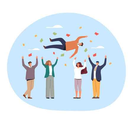 People friends colleague workers man woman characters throw up in air friend. Congratulation celebration birthday win party concept. Vector flat graphic design illustrationのイラスト素材