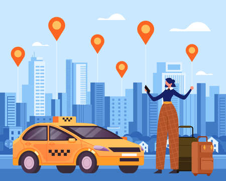 Woman traveler character making order by taxi mobile internet online app and waiting car. Vector flat graphic design illustrationのイラスト素材