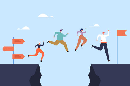 Business people office workers team jump over rock concept. Vector flat graphic design illustrationのイラスト素材