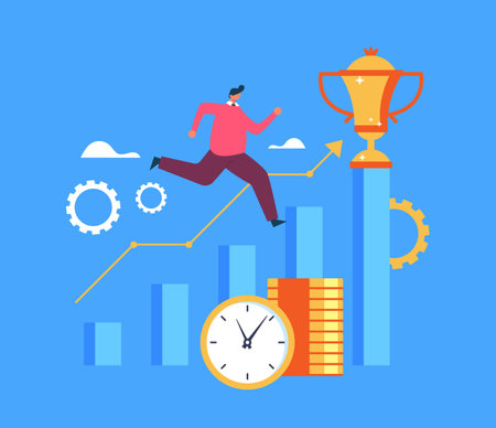 Business man office worker character running to success golden cup award concept. Vector flat graphic design illustrationのイラスト素材